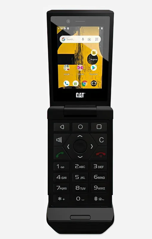 The phone open, seen straight on, with the keypad below the screen