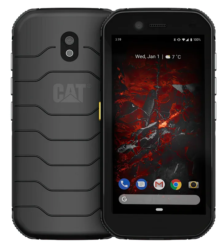 CAT S42 front and back, showing the ribbed rubber back and the yellow programmable key