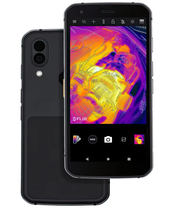 CAT S62 Pro front and back, with the FLIR thermal camera app open on screen
