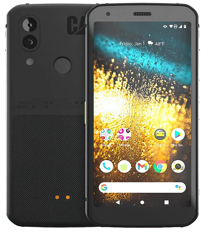 CAT S62 front and back — the 5.7-inch display, dual rear camera, fingerprint reader and textured lower panel