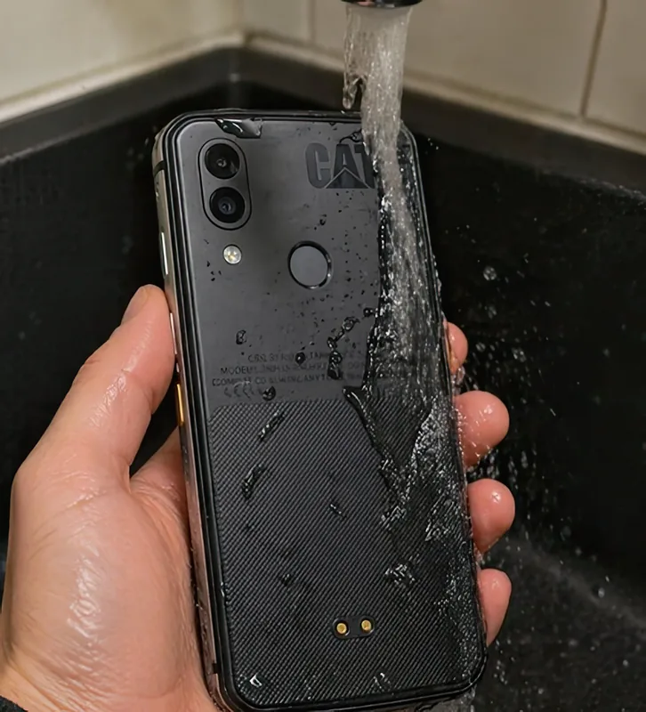 Held under a running tap — the phone is designed to be rinsed, not just splashed