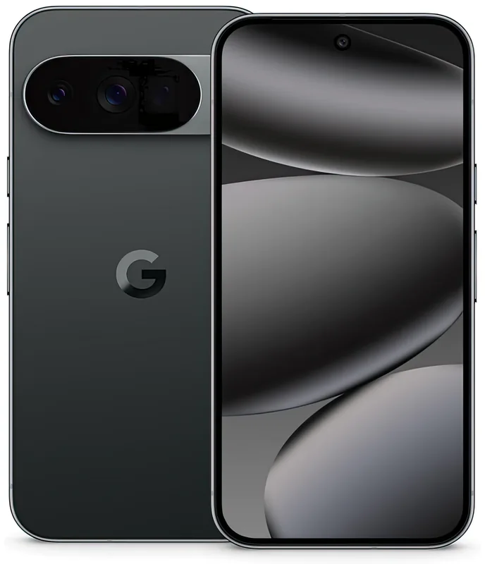 The Pixel 10 Pro, front and back, with the three-camera bar across the top