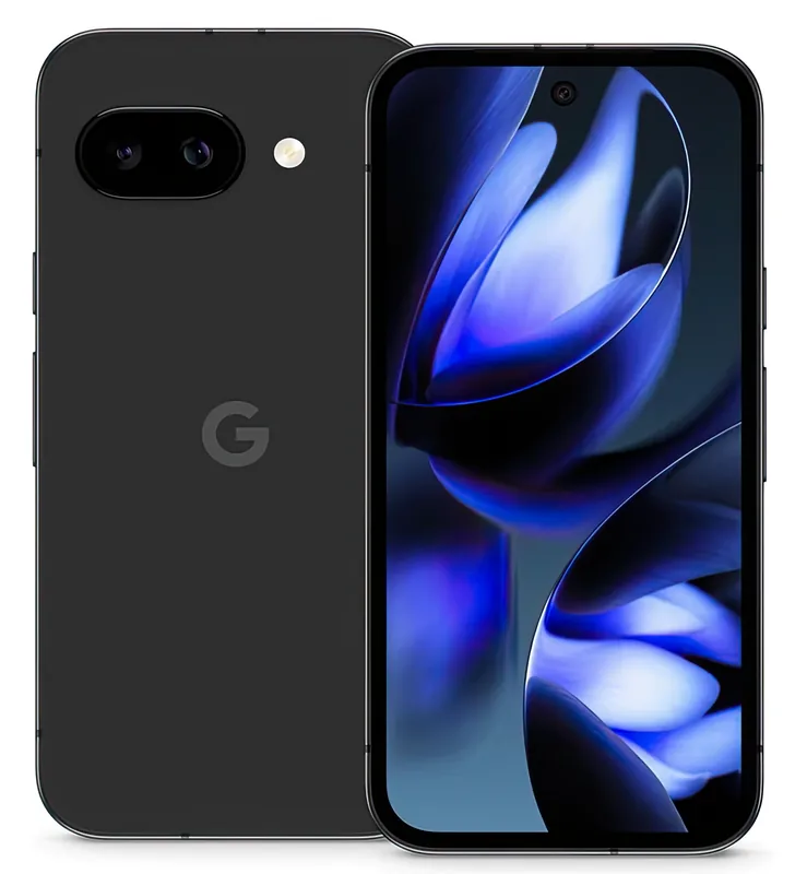 The Pixel 9a, front and back — the camera sits almost flush with the panel