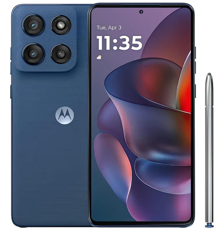 The Moto G Stylus 2025 in Pantone Gibraltar Sea, front and back, with the stylus alongside