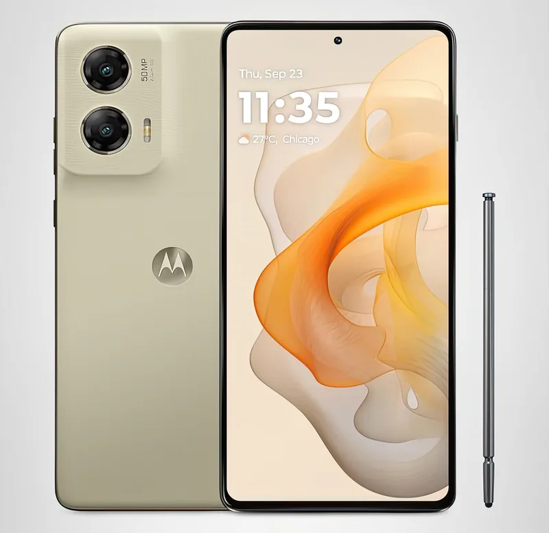 The Moto G Stylus 5G in Caramel Latte, front and back, with the stylus alongside