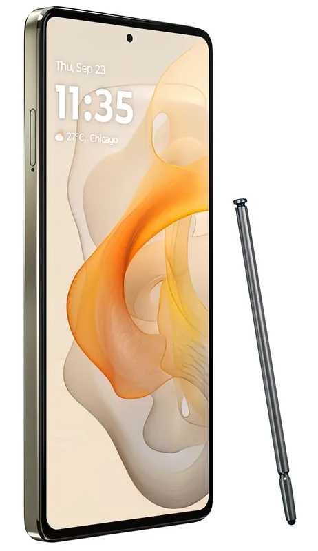 The 6.7-inch pOLED display at an angle, with the stylus out of its slot