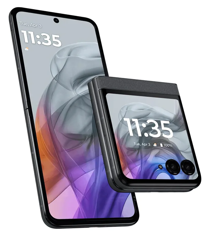 The Razr 2024 in Koala Gray, shown open and folded side by side