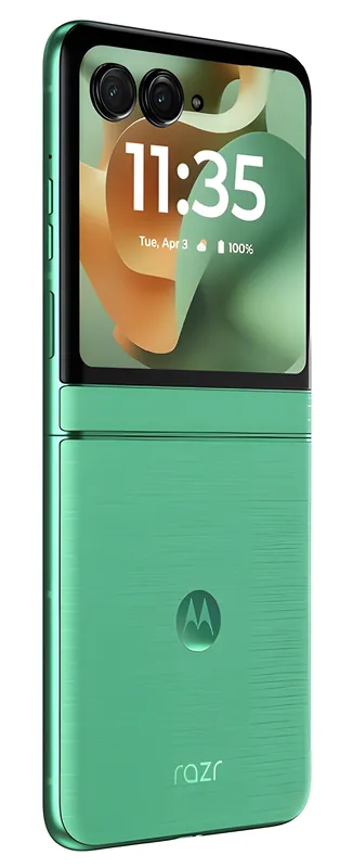 Closed at an angle, cover screen and side buttons visible