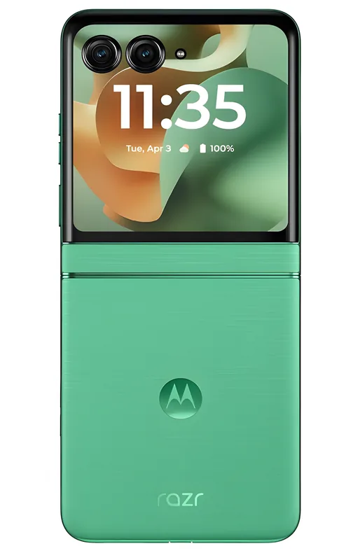 Closed, showing the cover screen above the textured lower half