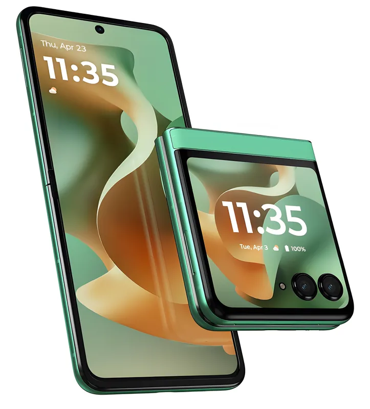 Motorola Razr 2025 in Pantone Spring Bud, shown open and closed