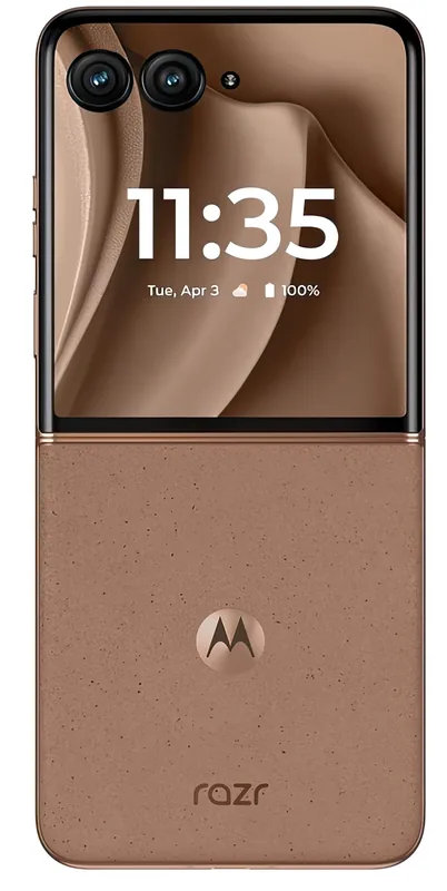 The closed phone straight on — cover display above, textured back panel below
