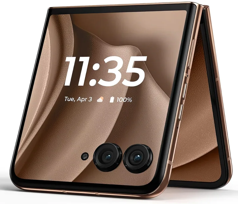 Folded, seen at an angle, with the 4-inch cover display and the two rear cameras