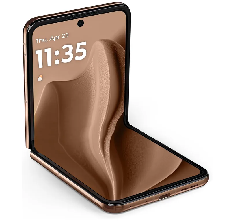 The phone folded partway and standing on its own, showing the 6.9-inch main display