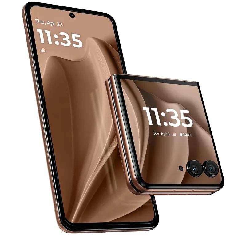 The Razr+ 2025 in Pantone Mocha Mousse, shown open and folded side by side