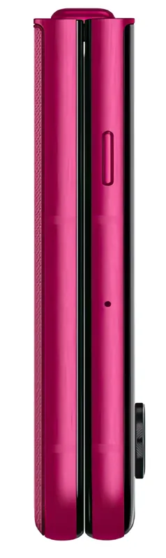The closed phone seen edge-on — the side buttons sit where your fingers land when you pick it up