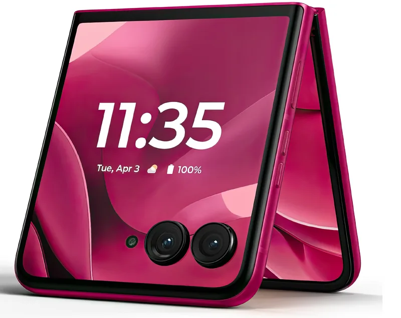 Folded and standing at an angle, with the cover display and the two 50 MP rear cameras