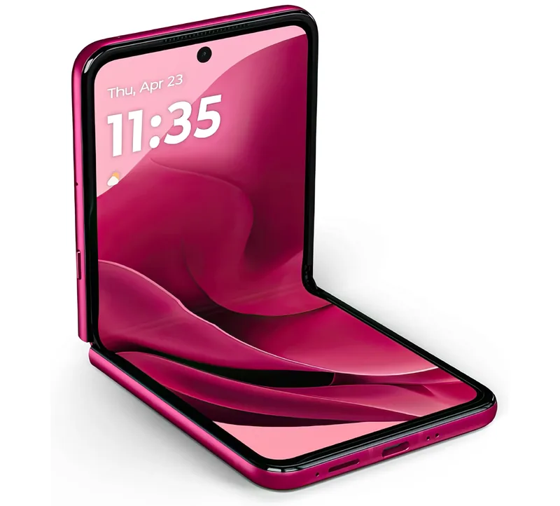 The phone opened partway, showing the 7-inch main display and the hinge at rest