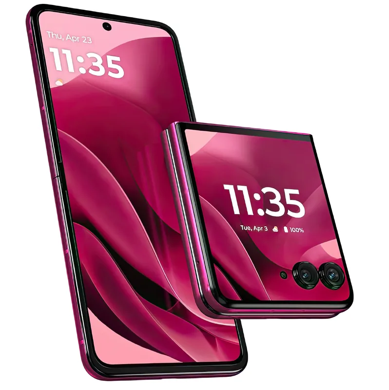 The Razr Ultra 2025 in Pantone Cabaret, shown open and folded side by side