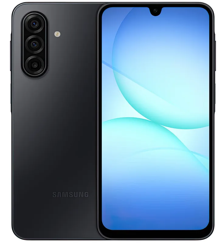 The Galaxy A17 in black, front and back, with the three-camera array