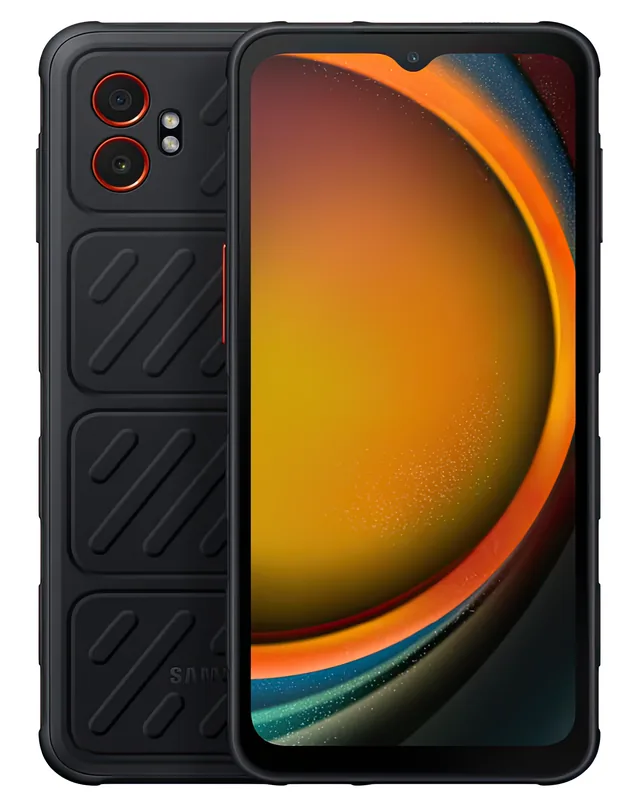 The Galaxy XCover7 Pro, front and back — the ribbed protective back panel and the two rear cameras