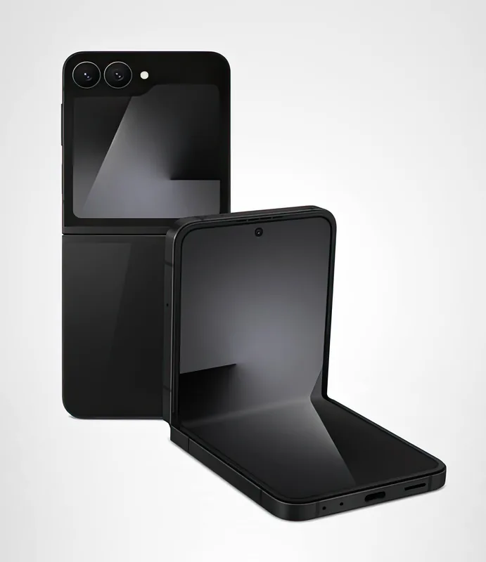 The Galaxy Z Flip7 FE in JetBlack, shown open and folded with the cover display and the two rear cameras
