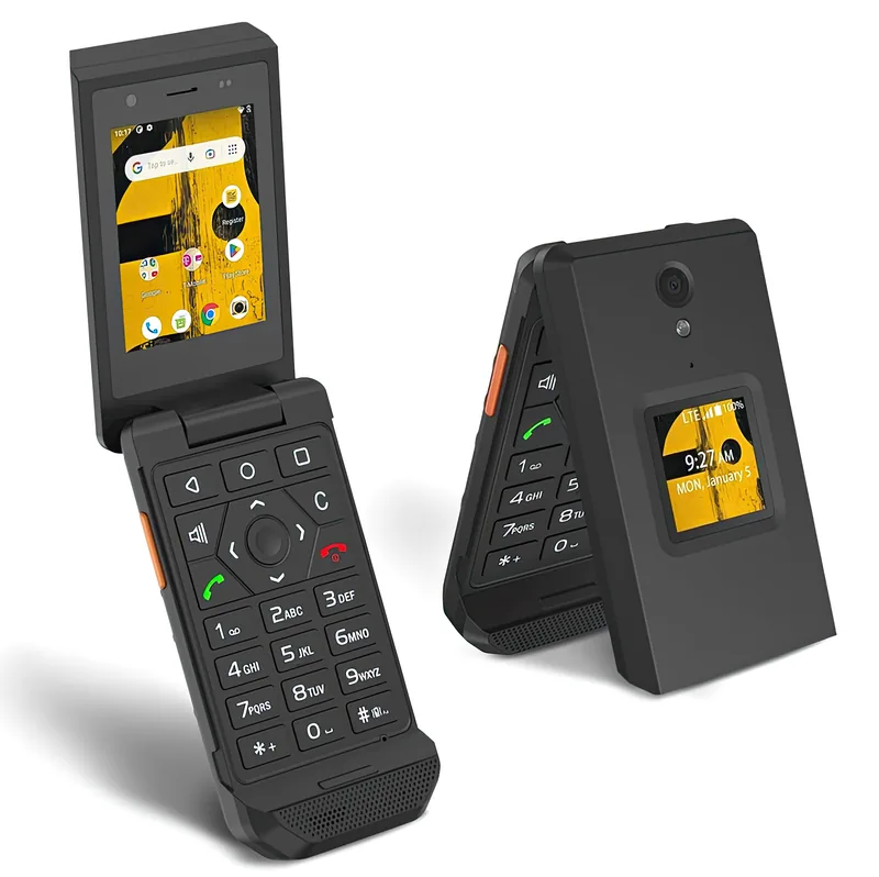 Two Unifone S22 Flip units, one open and one closed, showing both displays