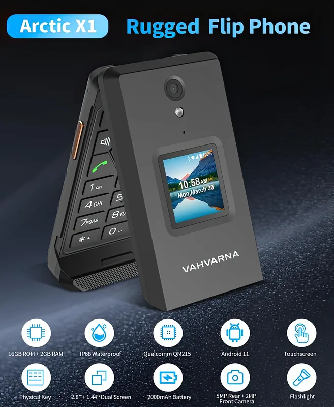 Manufacturer feature summary: 16 GB storage, 2 GB RAM, IP68, Qualcomm QM215, Android 11, dual screen, 2000 mAh, 5 MP and 2 MP cameras, flashlight
