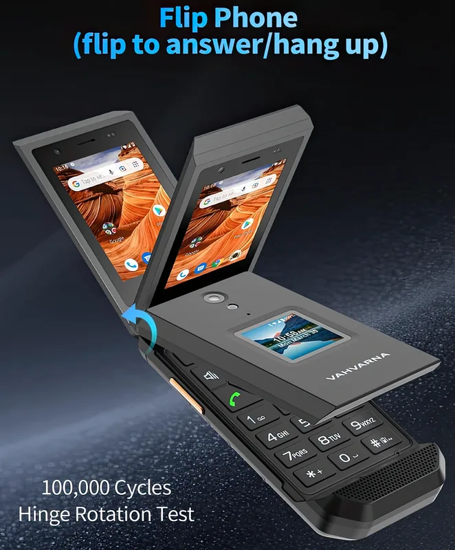 Manufacturer illustration of the flip-to-answer action and the 100,000-cycle hinge test