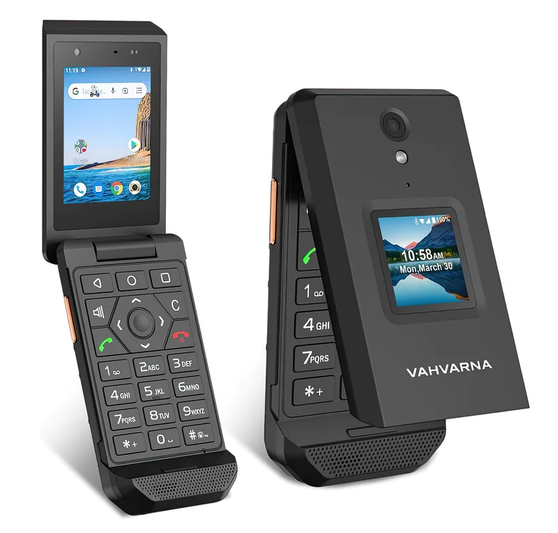 VAHVARNA Arctic X1 open and closed, showing the 2.8-inch main screen and the 1.44-inch cover display